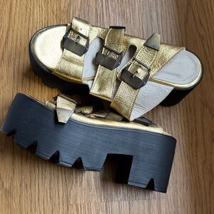 Gold leather Platform Sandals with Black Soles